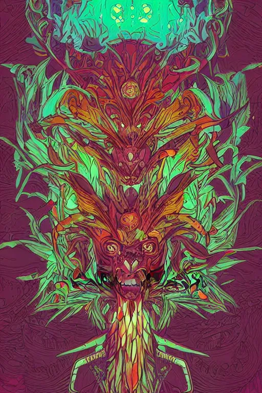 Image similar to animal mask totem roots tribal feather gemstone plant wood rock shaman vodoo video game vector illustration vivid multicolor borderlands comics by josan gonzales and dan mumford radiating a glowing aura