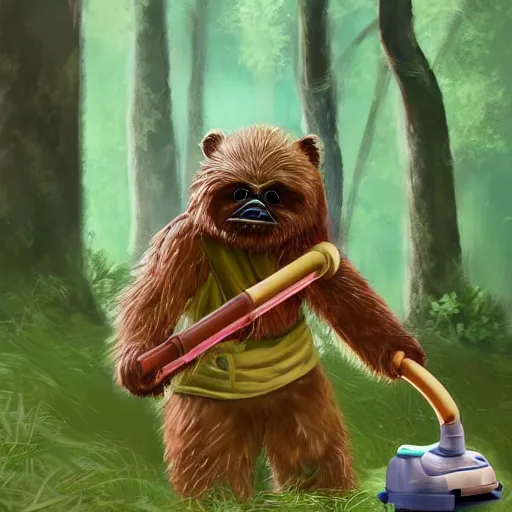 Image similar to a hard working ewok cleaning the forest floor with a vacuum, artstation, colorful