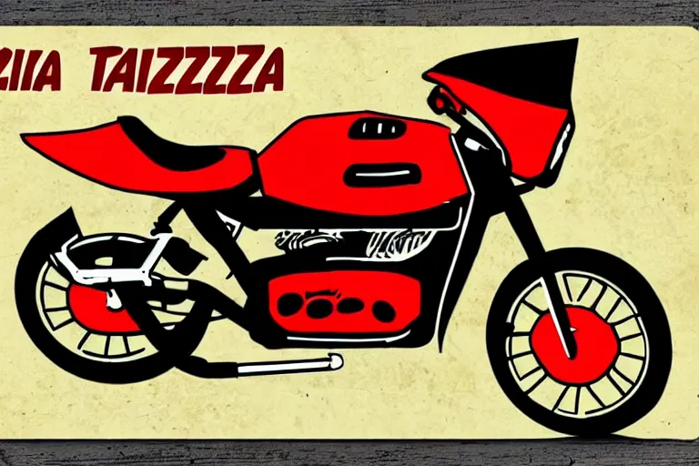 Prompt: italian pizza, akira's motorcycle, gorillaz, flyer, kid drawn