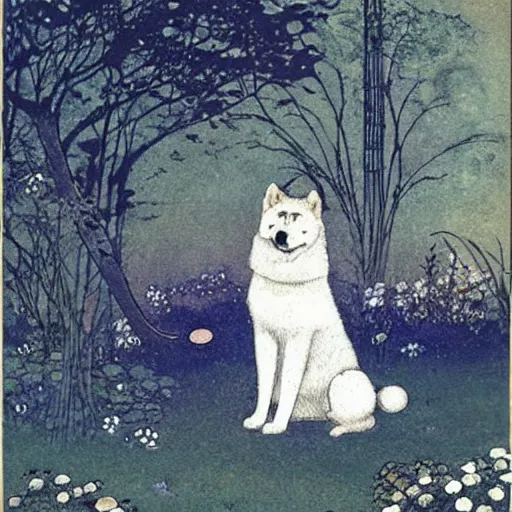 Prompt: an akita inu sitting in a moonlit palace garden, by warwick goble and kay nielsen