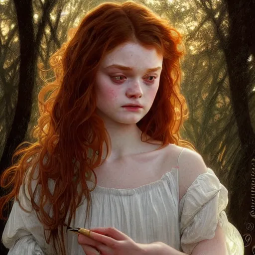 Prompt: beautiful natural Sadie Sink' intricate, elegant, highly detailed, digital painting, artstation, concept art, smooth, sharp focus, illustration, art by artgerm and greg rutkowski and alphonse mucha and loish and WLOP