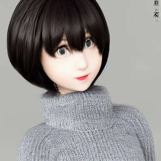 Image similar to hatsune mikue in a grey sweater