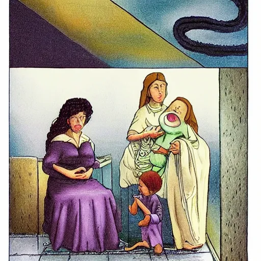 Image similar to the far side, phoenician casual by h. p. lovecraft. a beautiful performance art harmony of colors, simple but powerful composition. a scene of peaceful domesticity, with a mother & child in the center, surrounded by a few simple objects. colors are muted & calming, serenity & calm.