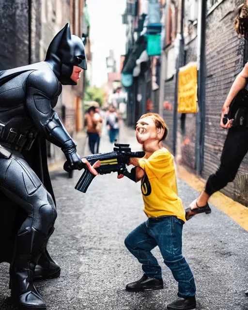 Image similar to happy batman firing super soaker water gun in an alleyway, everyone having fun, product advertisement, photography