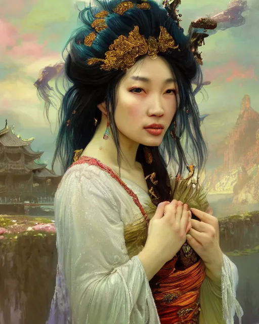 Image similar to a beautiful intricate exquisite imaginative exciting northern close up portrait of an asian sorceress sitting with elegant looks, flowing robe, ornate and flowing, intricate and soft by ruan jia, tom bagshaw, alphonse mucha, krenz cushart, beautiful chinese architectural ruins in the background, epic sky, vray render, artstation, deviantart, pinterest, 5 0 0 px models