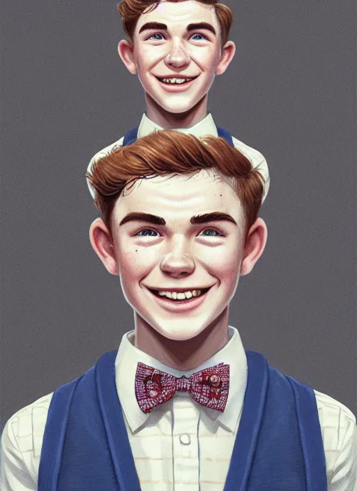 Image similar to portrait of teenage archie andrews, freckles, curly middle part haircut, curly hair, middle part hairstyle, smiling kindly, wearing a bowtie and sweater vest, intricate, elegant, glowing lights, highly detailed, digital painting, artstation, concept art, smooth, sharp focus, illustration, art by wlop, mars ravelo and greg rutkowski