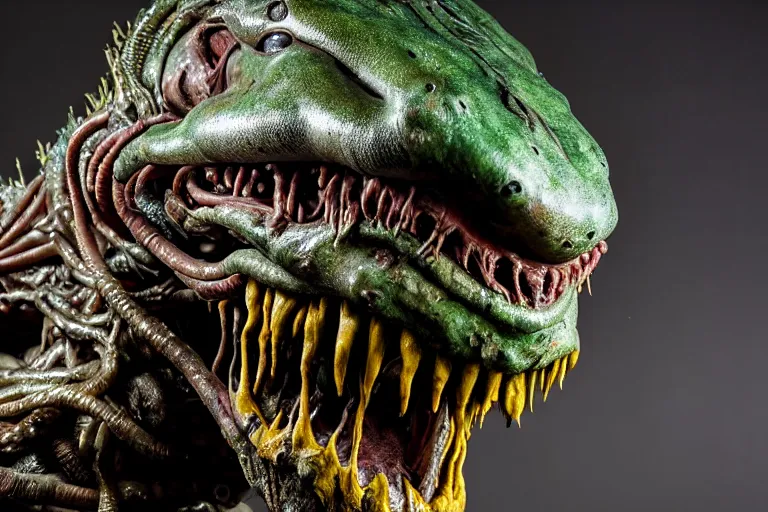 Image similar to wide angle photo taken of an epic intricate, ultra detailed, super realistic gritty, hero prop, exquisitely weathered animatronic movie prop of a lifelike sculpture of a wet, slimey nightmarish hellish alien creature displayed in the workshop, created by weta workshop, full body shot, photorealistic, sharp focus