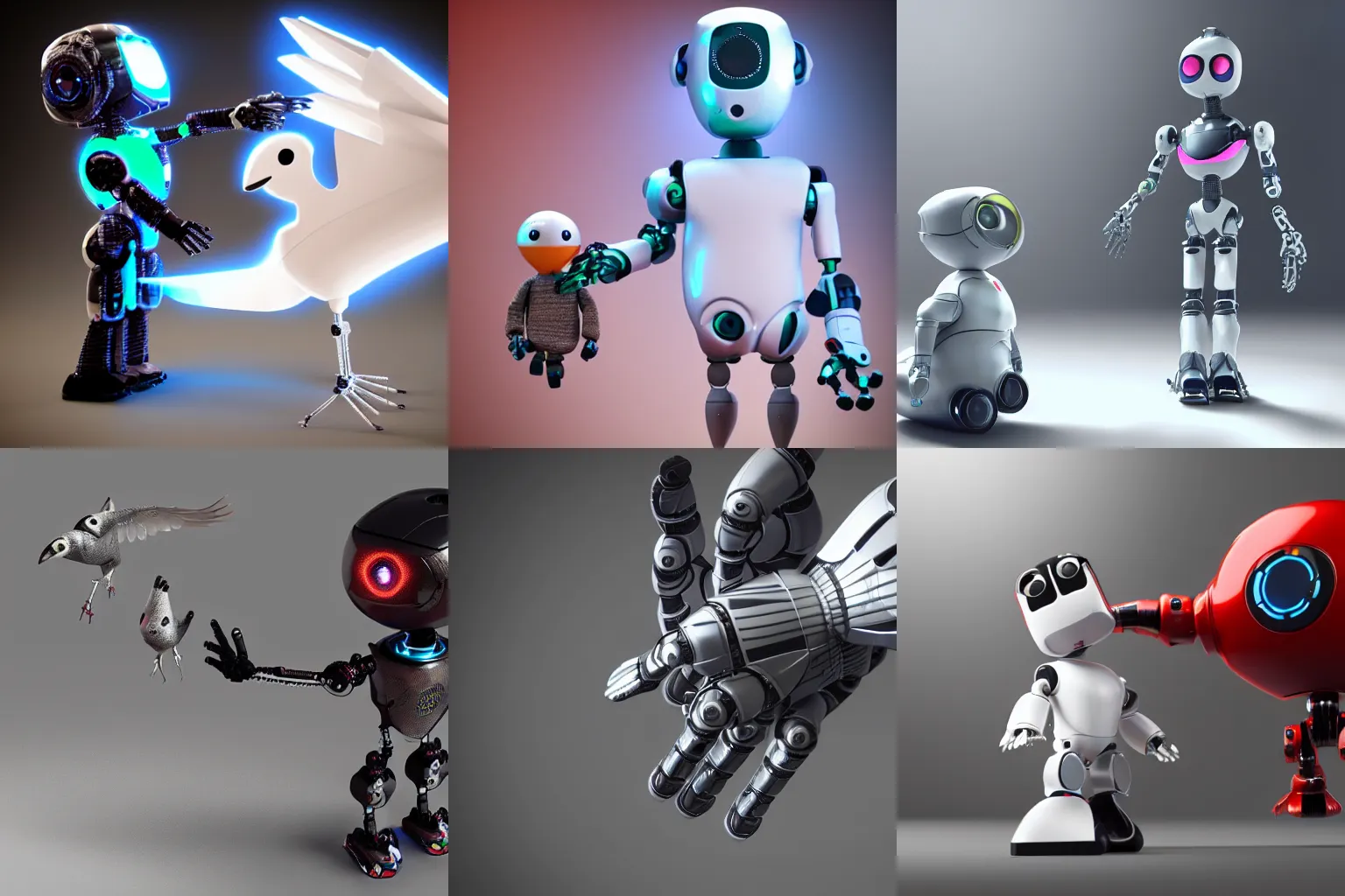 Image similar to A robot bird sitting on hand of hi-tech cyborg child , 3d render, unreal engine