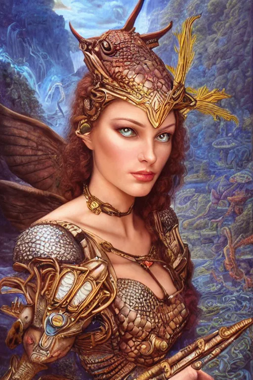 Image similar to Mystical Valkyrie, Portrait of a beautiful female Atlantean Reptilian Warrior, Realistic, Regal, Refined, Detailed Digital Art, Michael Cheval, Walt Disney (1937), François Boucher, Oil Painting, Steampunk, Highly Detailed, Cinematic Lighting, Unreal Engine, 8k, HD