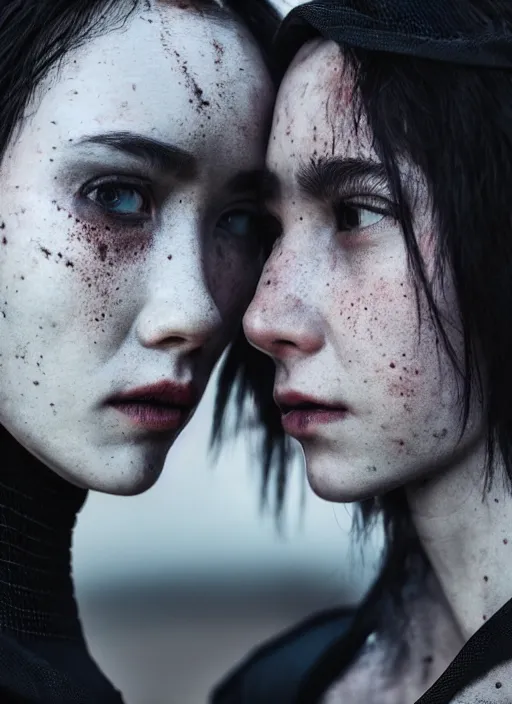 Image similar to cinestill 5 0 d photographic portrait of two loving female androids wearing rugged black mesh techwear in a desolate los angeles, extreme closeup, modern cyberpunk, dust storm, 8 k, hd, high resolution, 3 5 mm, f / 3 2, ultra realistic faces, ex machina