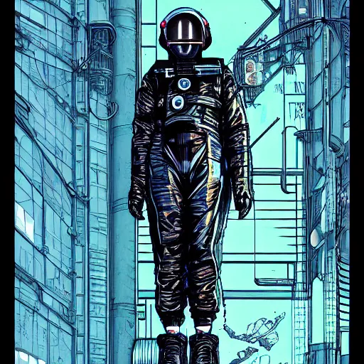 Image similar to cyberpunk japanese man with long limbs and a black spacesuit on a spacewalk, techwear, Industrial Scifi, detailed illustration, character portrait, by Martin Grip and Moebius