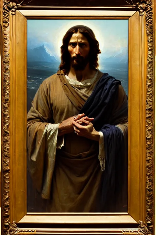 Image similar to photograph imax and solomon joseph solomon and richard schmid and jeremy lipking victorian loose genre loose painting full length portrait painting of jesus