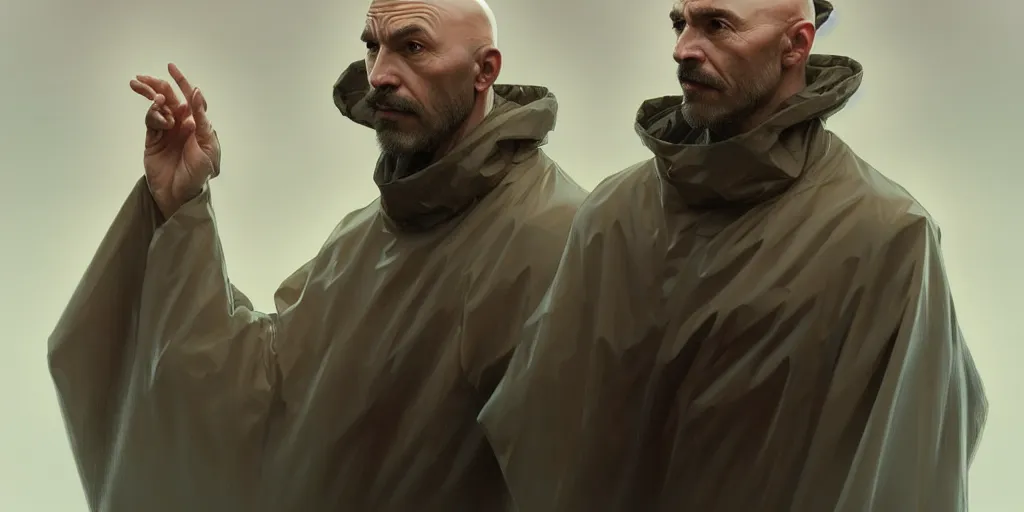 Image similar to european ( ( ( ( bald man ) ) ) ) dressed in raincoat, male, clear face, masculine, upper body, highly detailed, digital painting, artstation, concept art, matte, sharp focus, illustration, art by artgerm and greg rutkowski and alphonse mucha