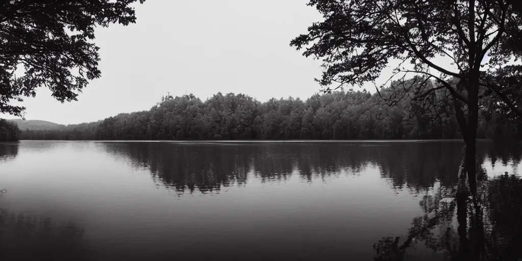 Image similar to symmetrical photograph of a very long rope on the surface of the water, the rope is snaking from the foreground stretching out towards the center of the lake, a dark lake on a cloudy day, trees in the background, moody scene, dreamy kodak color stock, anamorphic lens