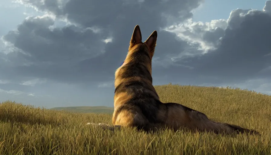 Image similar to back view of german shepherd watching the sun sitting on the hill, hyperdetailed, artstation, cgsociety, 8 k