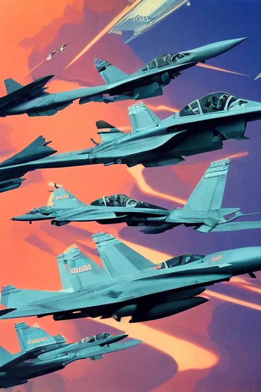 Prompt: a group of fighter jets flying next to each other, poster art by syd mead, behance, retrofuturism, dynamic composition, poster art, glitch art