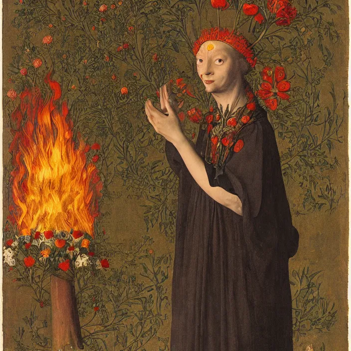 Prompt: a woman with a third eye exploding with flowers, standing in fire, by Jan van Eyck