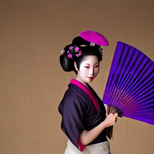 Image similar to Japanese geisha with beautiful violet paper fan, 4k photography, 30 mm lens, cinematic light, warm atmosphere, in style of Kar Wai Wong