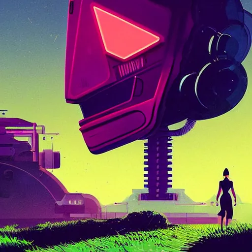 Image similar to a graph - style woman walking across a lush green field, a huge robot head in front of her, cyberpunk art by by james gilleard, cgsociety, retrofuturism, synthwave, retrowave, outrun