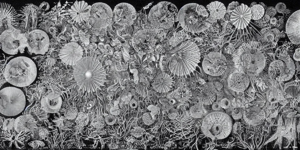 Prompt: Artwork by Ernst Haeckel of the cinematic view of a giant diatom forest.