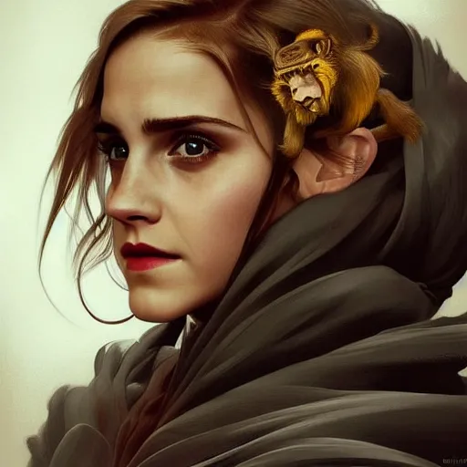 Image similar to Very funny Emma Watson looking like a monkey, colorful painting on grey scale face, powerful , magic, thunders, dramatic lighting, intricate, wild, highly detailed, digital painting, artstation, concept art, smooth, sharp focus, illustration, art by artgerm and greg rutkowski and alphonse mucha, footage