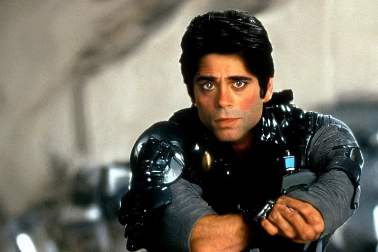 Image similar to uncle jesse from full house looks like a terminator, metal on his face, one red eye, movie still, from the movie terminator 2 judgement day, 8 k, cinematic lighting