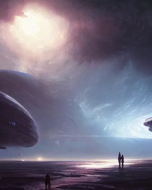 Image similar to A matted painting of Aliens of the Sun on a spaceship environment with expansive views of space, inspired by greg rutkowski and Keith Mallett, digital art, extremely moody lighting, glowing light and shadow, atmospheric, shadowy, cinematic