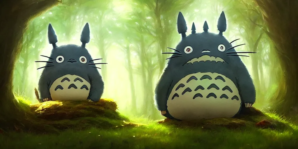 Image similar to Totoro sitting in a forest, fantasy, pixar,, high detail, god rays, painting by greg rutkowski, deviantart, trending on artstation, artstationHD, artstationHQ