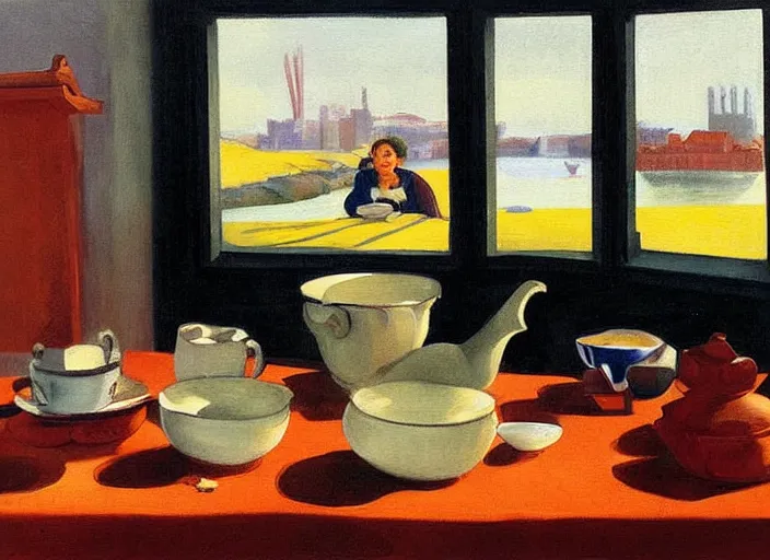 Prompt: painting, two lovers in poor shabby room, view of boat on river in window, tea pot and tea cups and bowl of oranges on table, by paula rego, by neo rauch, by edward hopper