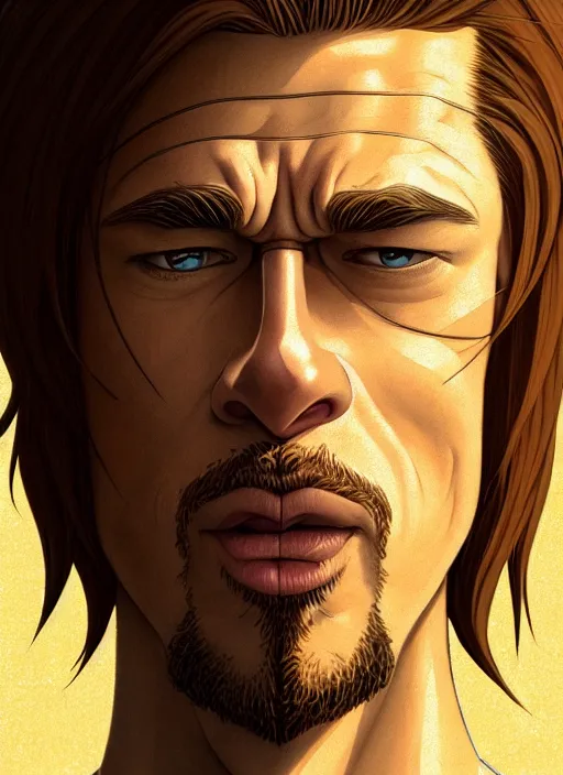 Prompt: centered!! macro head portrait of medieval brad pitt, artstation, detailed cartoon, elegant, digital painting, concept art, smooth, sharp focus, illustration, ghibli, makoto shinkai, don bluth, fujita goro, jean giraud, akihiko yoshida, tom whalen 8 k