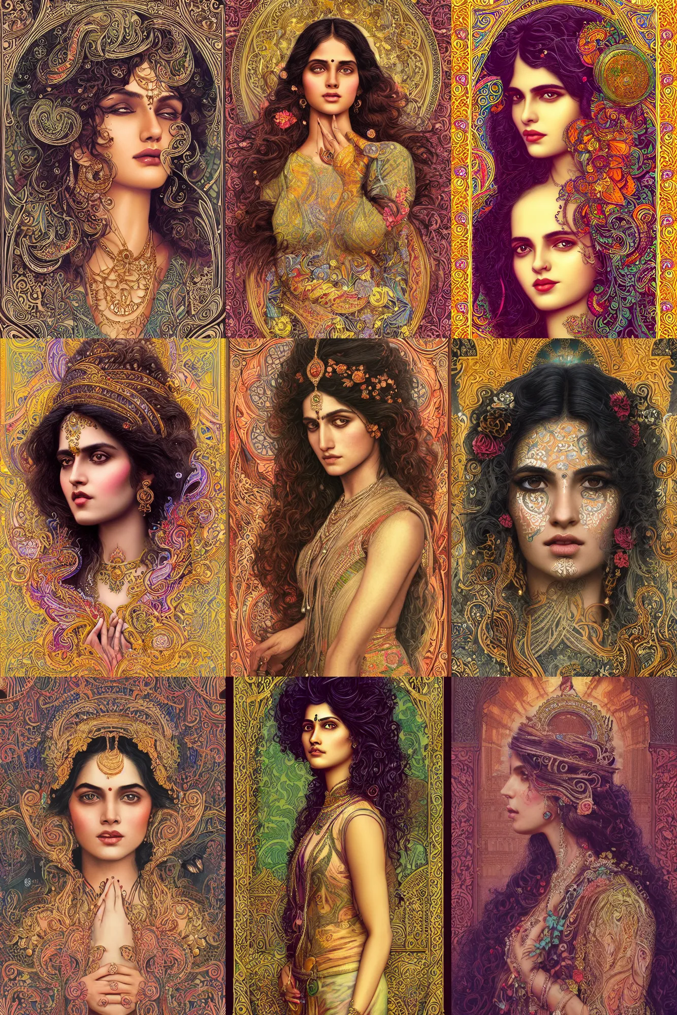 Prompt: a stunning ultradetailed illustration of an indian woman with epic wavy hair surrounded by paisleys and art nouveau floral patterns, by vania zouravilov and tom bagshaw, deep depth of field, studio lighting, golden ratio composition, 3 5 mm lens, very detailed, 8 k, artstation