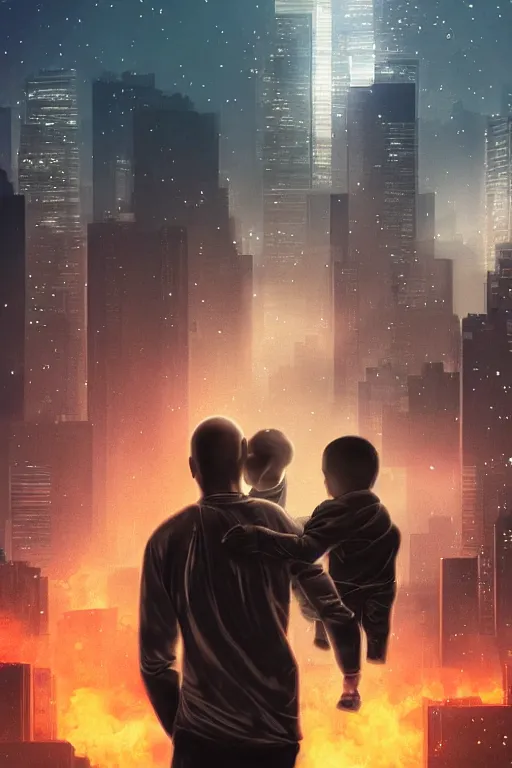 Image similar to metallic android carrying a sleeping child, background of futuristic cityscape, buildings on fire, no blur, high detail, cinematic