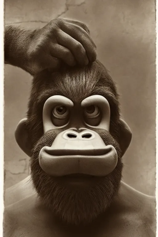 Image similar to donkey kong, portrait, full body, symmetrical features, silver iodide, 1 8 8 0 photograph, sepia tone, aged paper, sergio leone, master prime lenses, cinematic