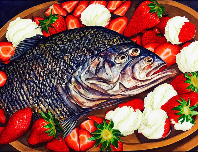 Prompt: a grilled whole fish served with strawberries and whipped cream. this gouache painting by the award - winning mangaka has a beautiful composition, great sense of depth, dramatic lighting and intricate details.