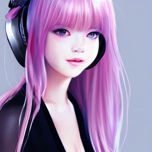 Prompt: realistic detailed semirealism beautiful gorgeous natural cute excited happy Blackpink Lalisa Manoban white hair white cat ears, wearing black camisole outfit, headphones, black leather choker artwork drawn full HD 4K high resolution quality artstyle professional artists WLOP, Aztodio, Taejune Kim, Guweiz, Pixiv, Instagram, Artstation