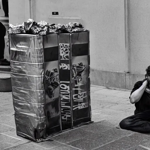 Image similar to a photo portrait of two homeless creating a time machine from aluminium cans and cardboard boxes. symmetry. awesome exposition. very detailed, professional lighting diffracted lightrays, 8 k, sense of awe