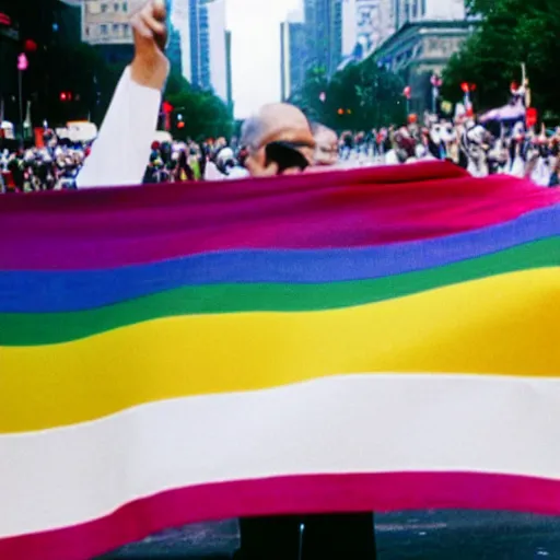 Prompt: photo of putin wrapping himself in a gay pride flag cinestill, 800t, 35mm, full-HD