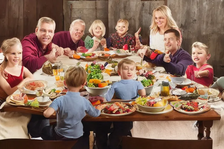 Prompt: an image of a large traditional family sitting around the table for dinner but one of the kids is floating above the table, perfect faces
