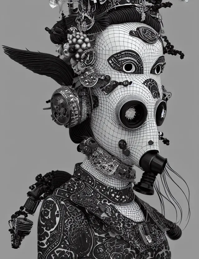 Image similar to 3 d goddess close - up profile punk portrait with vintage gas mask ram skull. beautiful intricately detailed japanese crow kitsune mask and clasical japanese kimono. betta fish, jellyfish phoenix, bio luminescent, plasma, ice, water, wind, creature, artwork by tooth wu and wlop and beeple and greg rutkowski