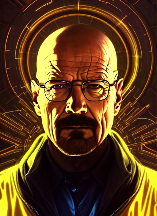 Image similar to symmetry portrait of walter white, sci - fi, tech wear, glowing lights intricate, elegant, highly detailed, digital painting, artstation, concept art, smooth, sharp focus, illustration, art by artgerm and greg rutkowski and alphonse mucha