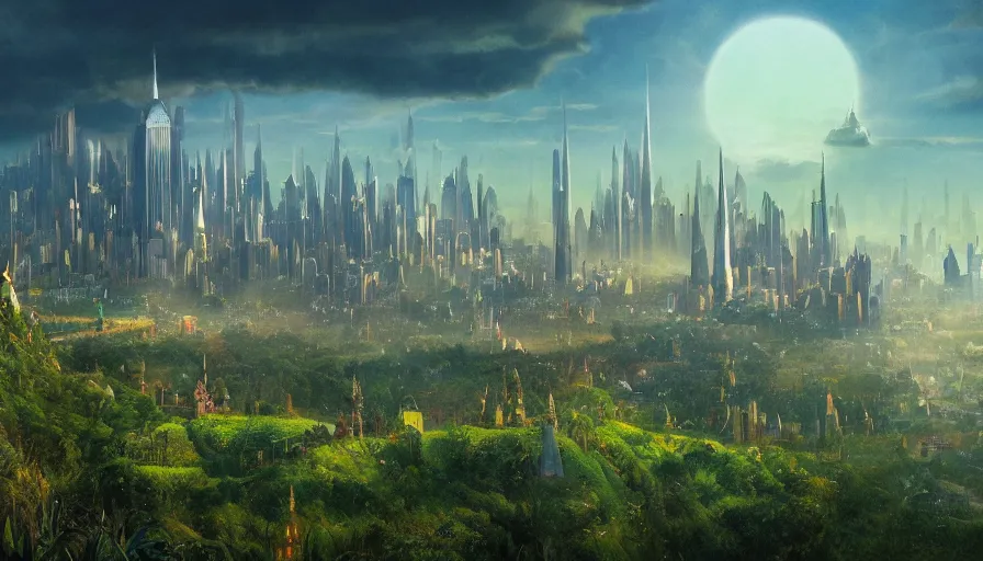 Image similar to a beautiful establishing shot of the emerald city from wizard of oz, by greg rutkowski and kalin popov, trending on artstation, masterpiece,