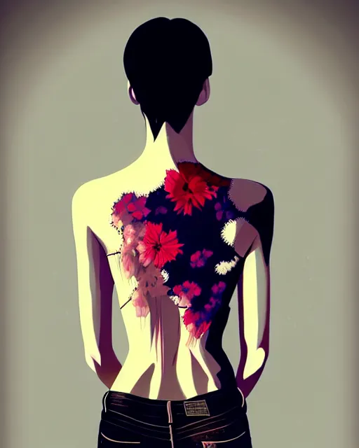 Image similar to a ultradetailed beautiful back painting of a stylish woman, she is wearing a black tank top and jeans, by conrad roset, greg rutkowski and makoto shinkai trending on artstation
