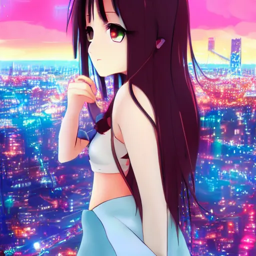 Prompt: Beautiful brunette anime girl with a gorgeous eyes gazing into the camera as the neon city behind her is on fire, award winning anime cartoon still, extremely detailed, extremely artistic, trending on art station