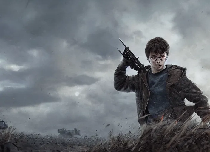Prompt: close up cinematic artwork of Harry Potter staring down the enemy on the battlefield by Greg Rutkowski, 4k, masterpiece