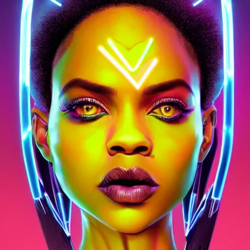 Prompt: african neon demon, science fiction, highly detailed, digital painting, beautiful eyes, symmetry, concept art, sharp focus, volumetric lighting, illustration, global illumination, radiant light, synthwave colors, detailed and intricate environment, art by artgerm and greg rutkowski and magali villeneuve and ilya kuvshinov!