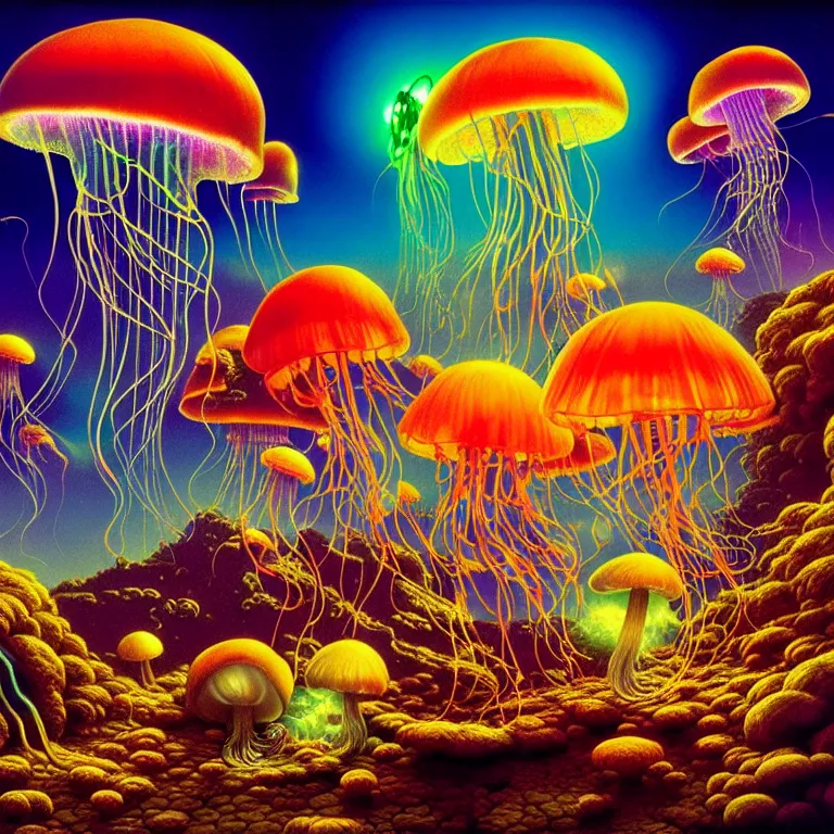 Image similar to mystical jellyfish and shimmering mushroom, volcano valley, bright neon colors, highly detailed, cinematic, tim white, michael whelan, roger dean, bob eggleton, philippe druillet, vladimir kush, kubrick, haeckel, alfred kelsner