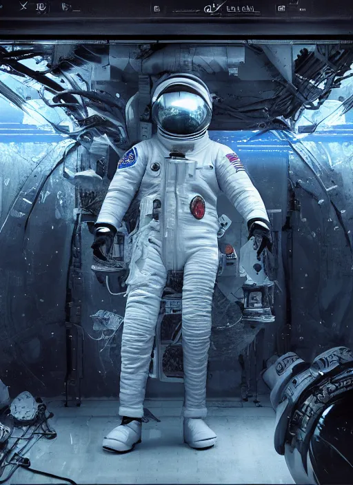 Prompt: complex poster by craig mullins astronaut in futuristic dark and empty spaceship underwater. infrared glowing lights. complex and hyperdetailed technical suit. reflection and dispersion materials. rays and dispersion of light. volumetric light. 5 0 mm, f / 3 2. noise film photo. flash photography. unreal engine 4, octane render. interstellar movie art