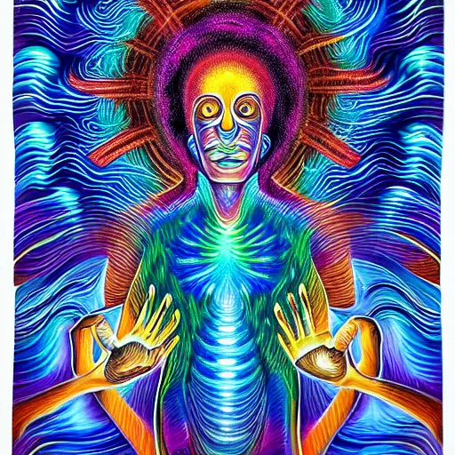 Prompt: A mystical near death experience in the style of Alex Grey