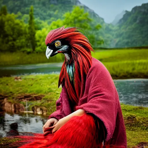 Prompt: prompt Young Harpy, red feathered wings, wearing Inka clothes, sad expression, sitting at a pond, mountainous area, trees in the background, digital art