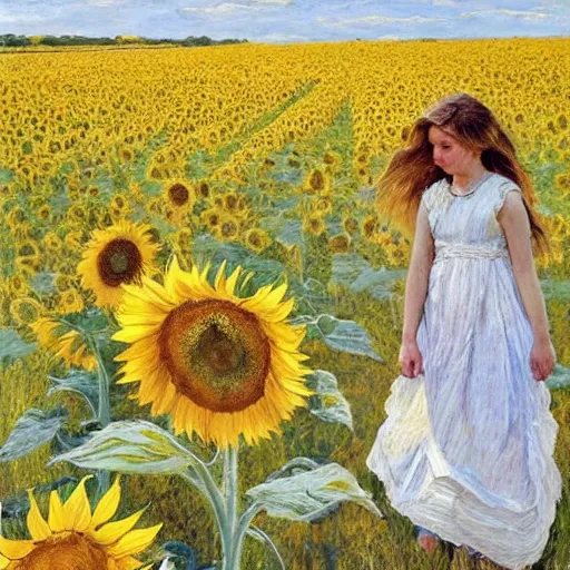 Prompt: a girl in amazing tall sunflower field, her hair flowing down, subtle, intricate details, real masterpiece, oil on canvas, by stanhope forbes, lucian freud